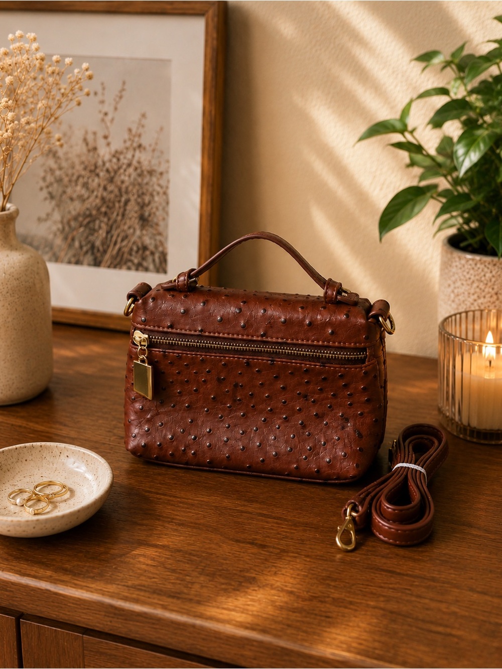 Brown Ostrich-Texture Crossbody Bag with Detachable Strap